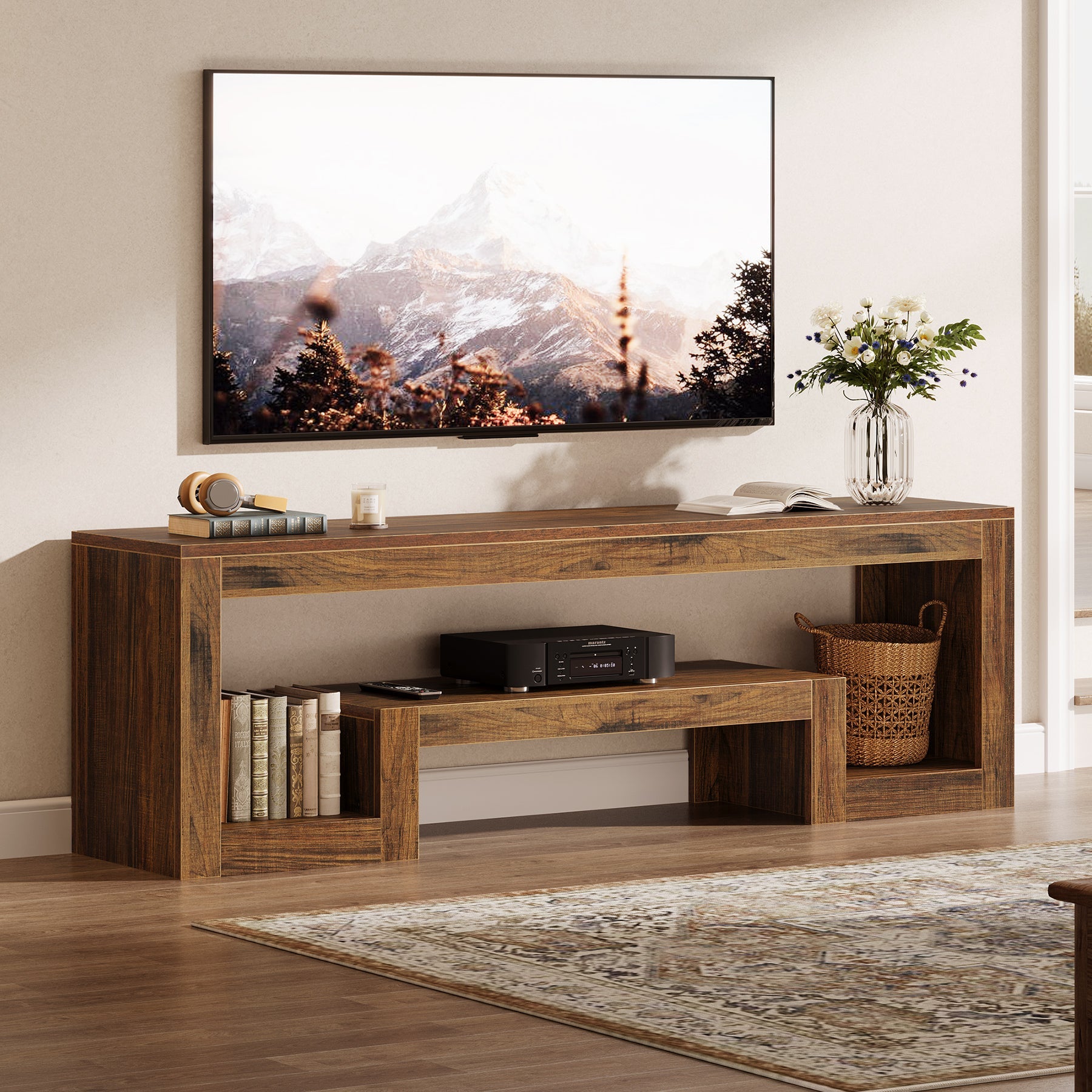 63” TV Stand, Farmhouse Entertainment Center with Open Storage Shelves for Living Room