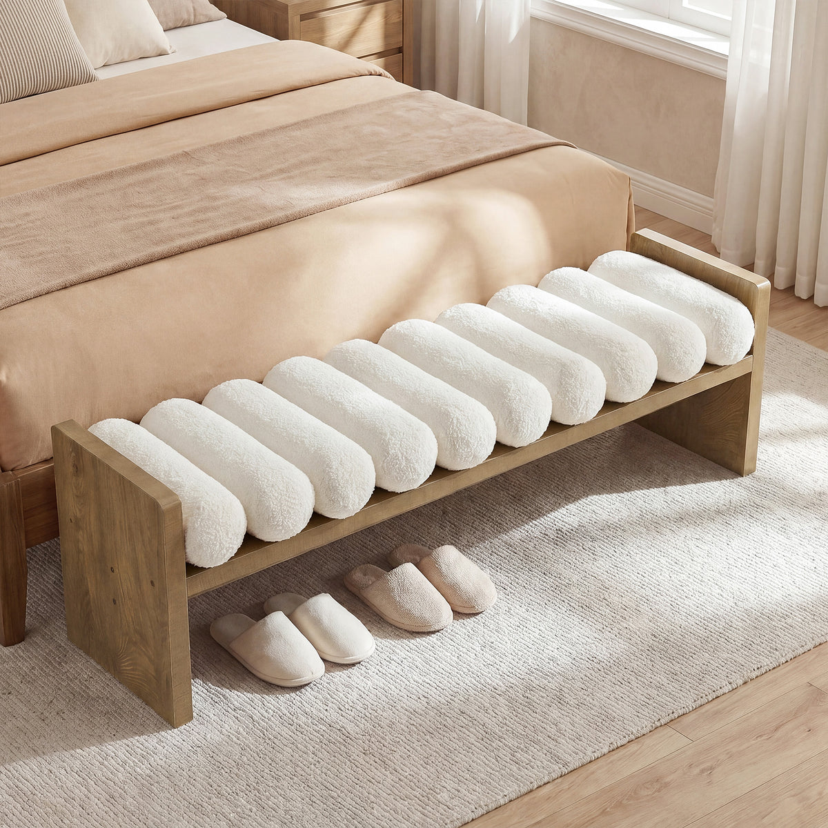 150cm Entryway Bench, Upholstered Boucle Cushion End of Bed Bench for Hallway