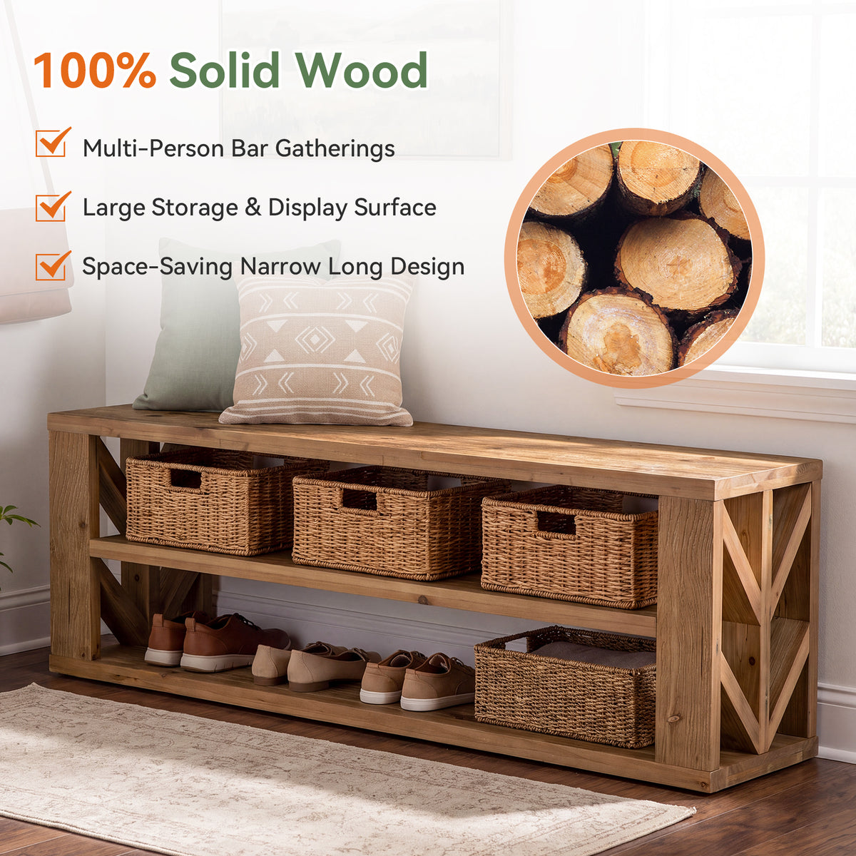 120cm TV Stand, 3-Tier Solid Wood Media Console with Open Shelf