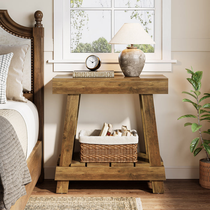 60cm Side Table, Country 2-Tier Wooden Nightstand for Living Room Bedroom