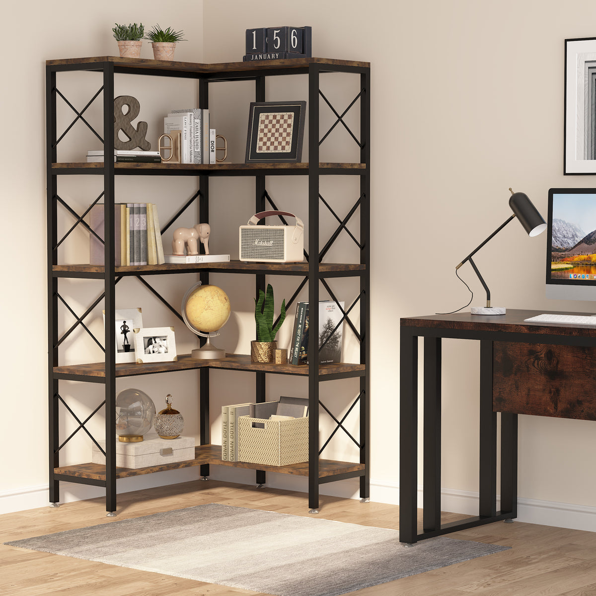 168cm Corner Bookshelf, 5-Tier Industrial Open Storage Rack
