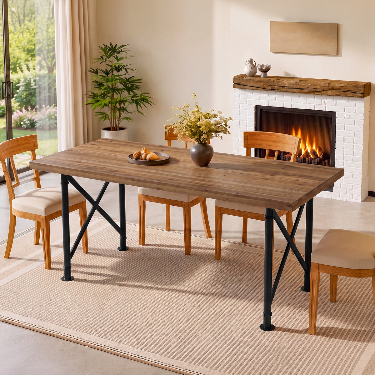 160cm Dining Table, Solid Wood 4-6 Seater with X-Frame Metal Legs