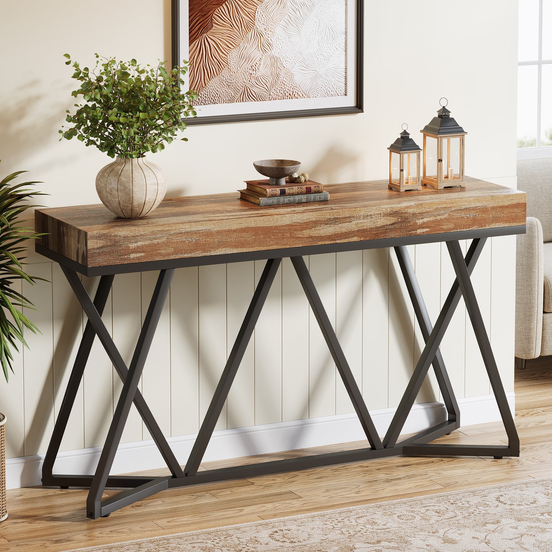 55" Farmhouse Console Table, Sofa Table Wood Entryway Table