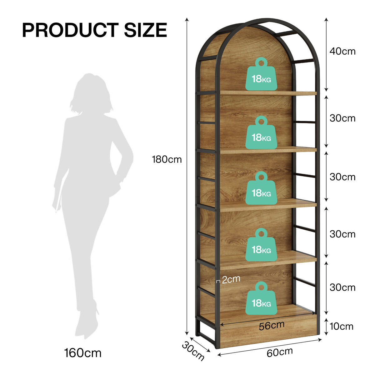 180cm Arched Bookshelf, Tall Wooden Storage Shelf for Living Room