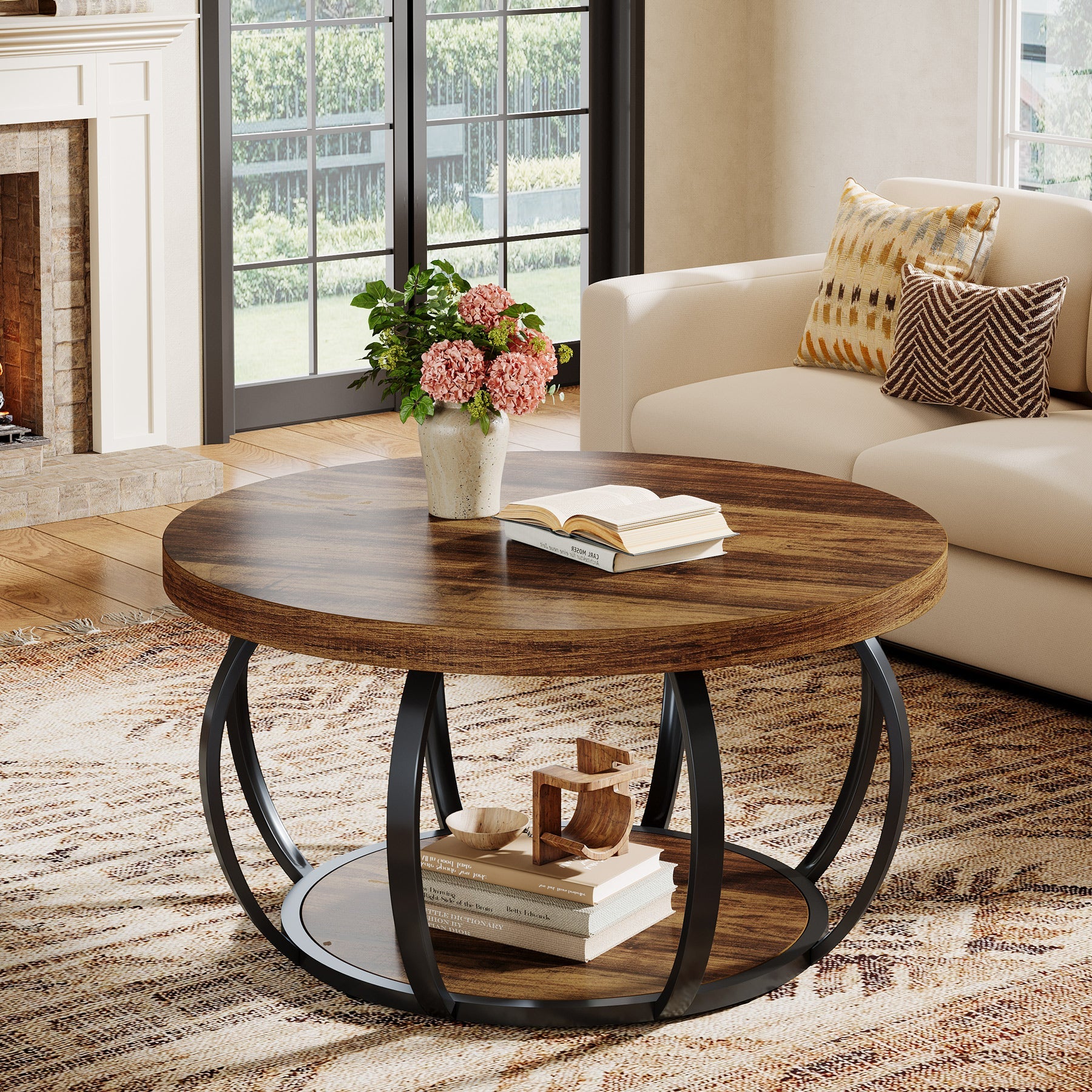 31.5" Round Coffee Table, 2-Tier Farmhouse Center Table with Wood & Black Metal for Living Room