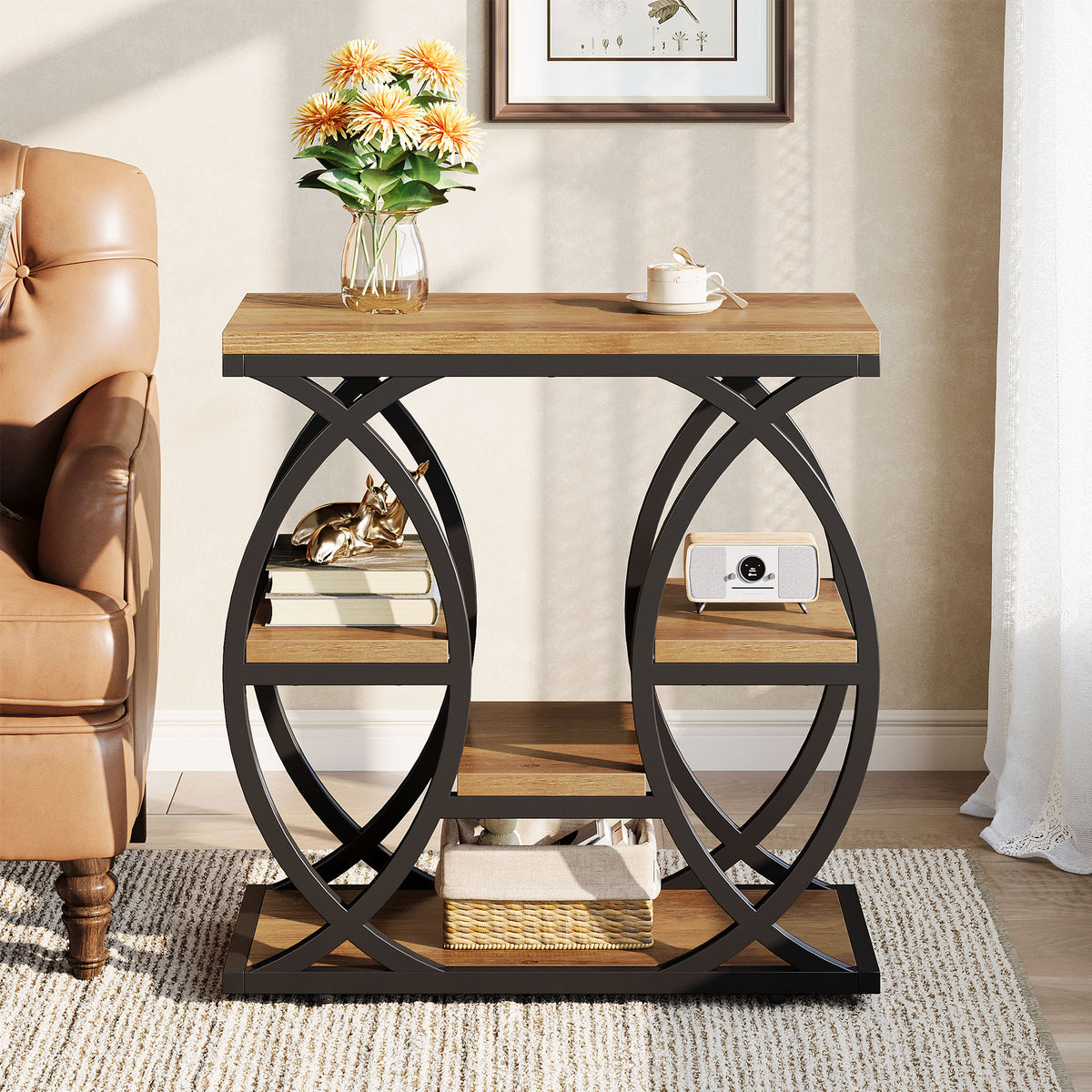 23.6" Rustic 4-Shelf End Table - Narrow Storage Side Table for Bedroom & Living Room