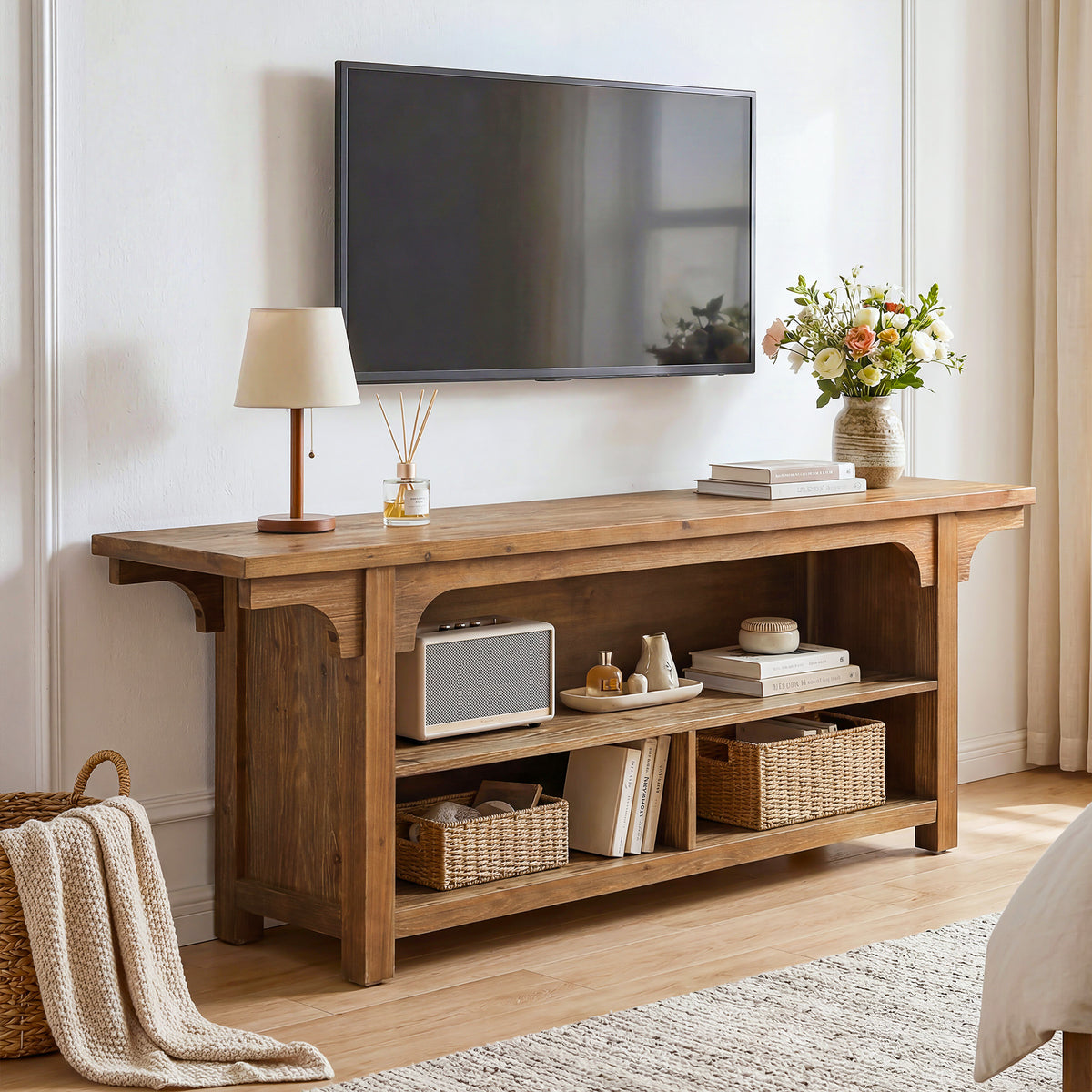 160cm TV Stand, Solid Wood Media Console with 3 Open Shelves for TVs up to 70"