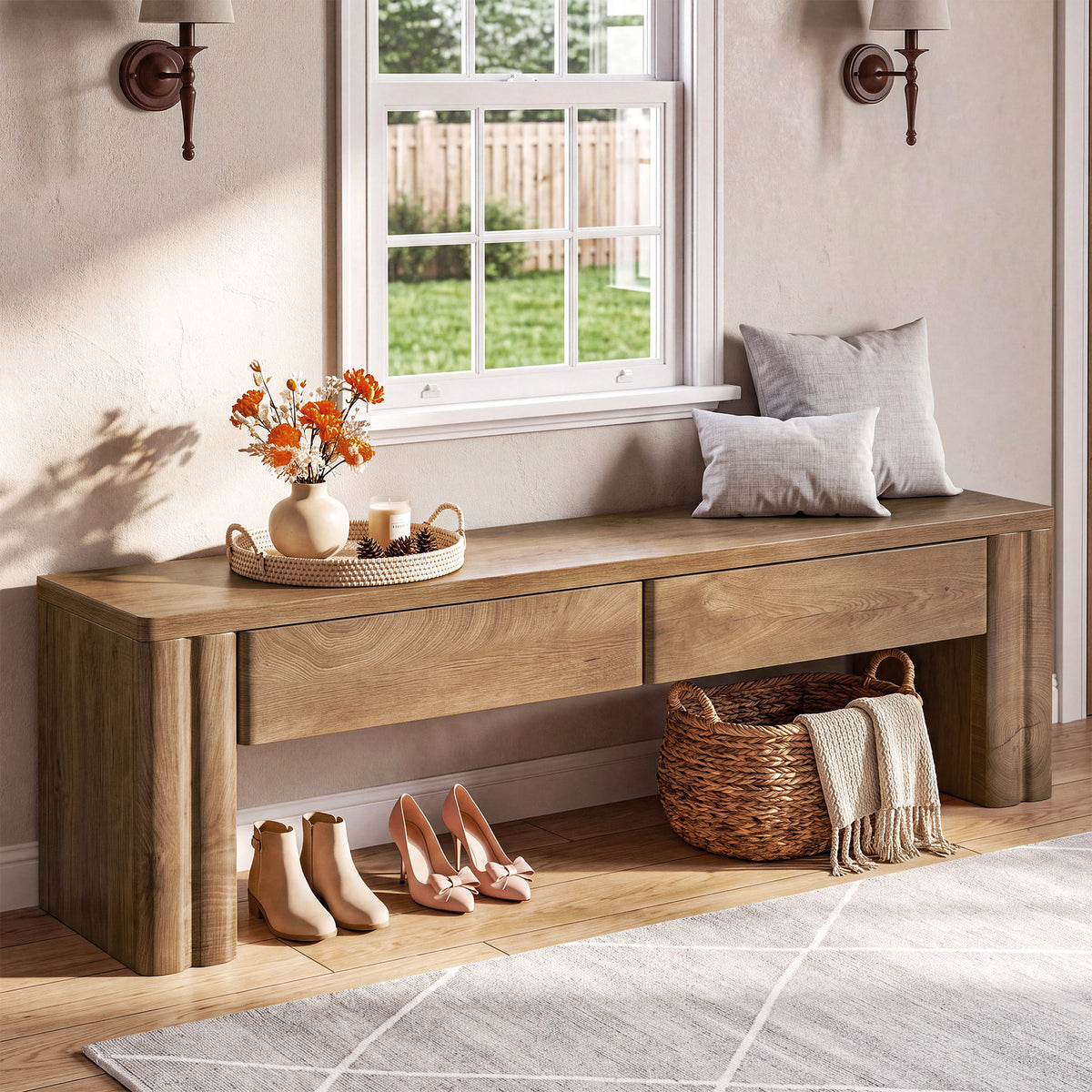 140cm Entryway Bench, 2-Drawer Modern End of Bed Bench with Thick Legs
