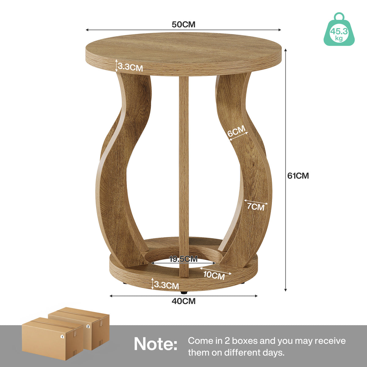 50cm Round Side Table, Curved Wooden Design for Small Spaces