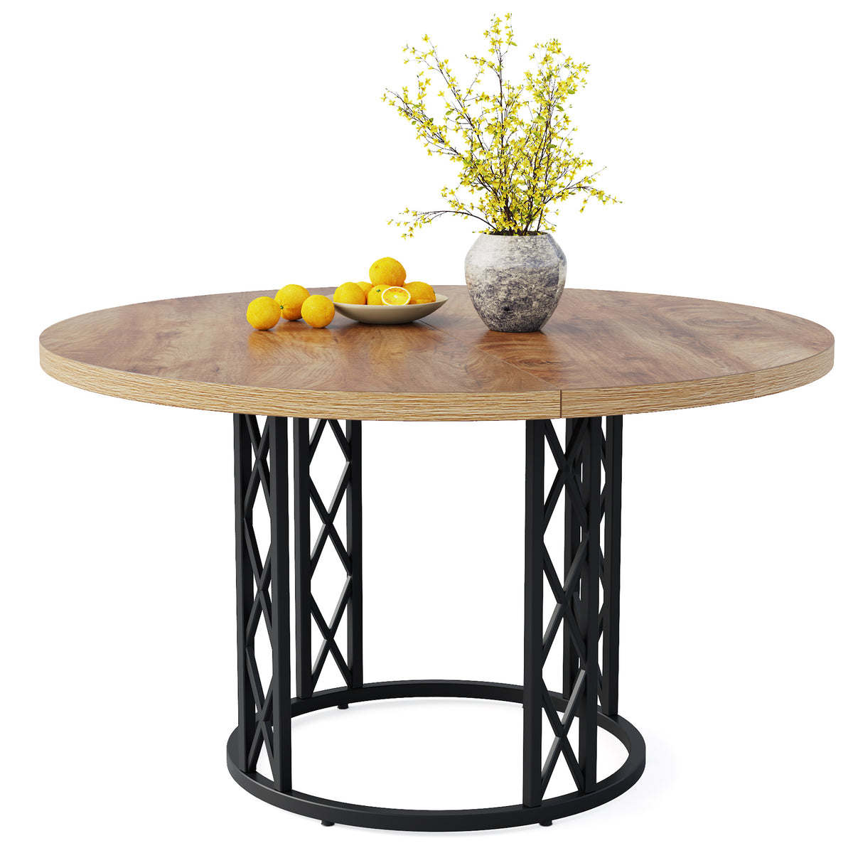 120cm Round Dining Table, 4-Seater Wood & Metal Kitchen Table