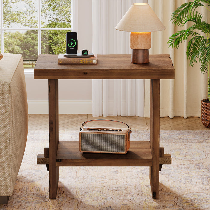 60cm Side Table, 2-Tier Solid Wood Compact Nightstand for Living Room