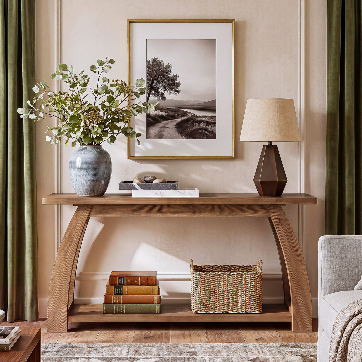 160cm Console Table, Solid Wood 2-Tier Arched Leg Entryway Table