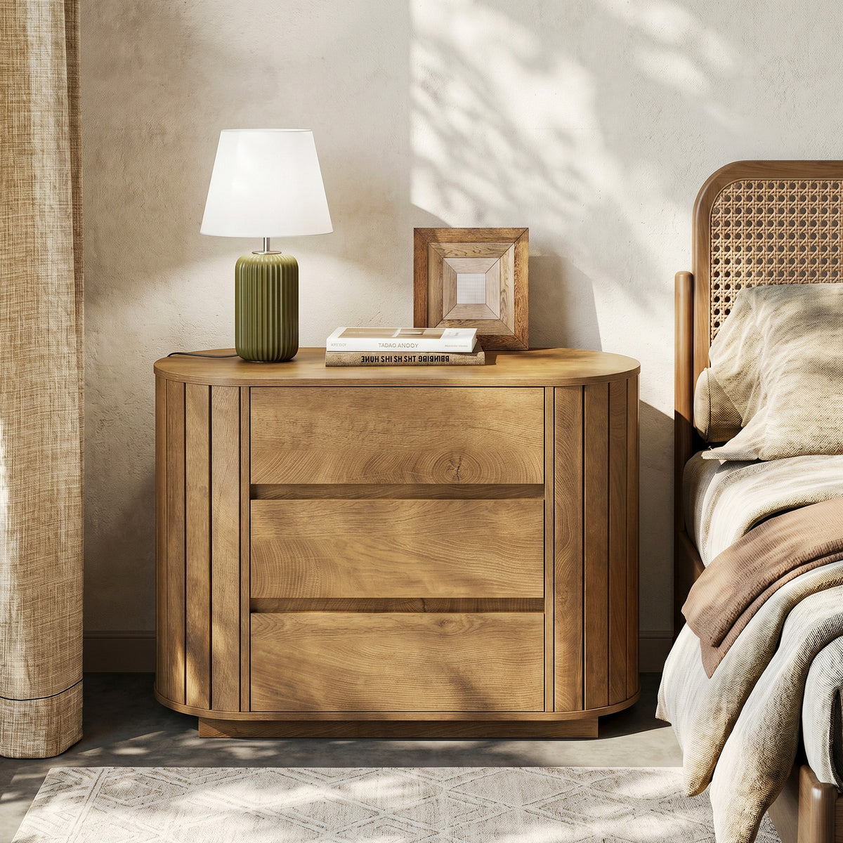 90cm Chest of Drawers, Modern Oak Effect 3-Drawer Cabinet with Slatted Sides