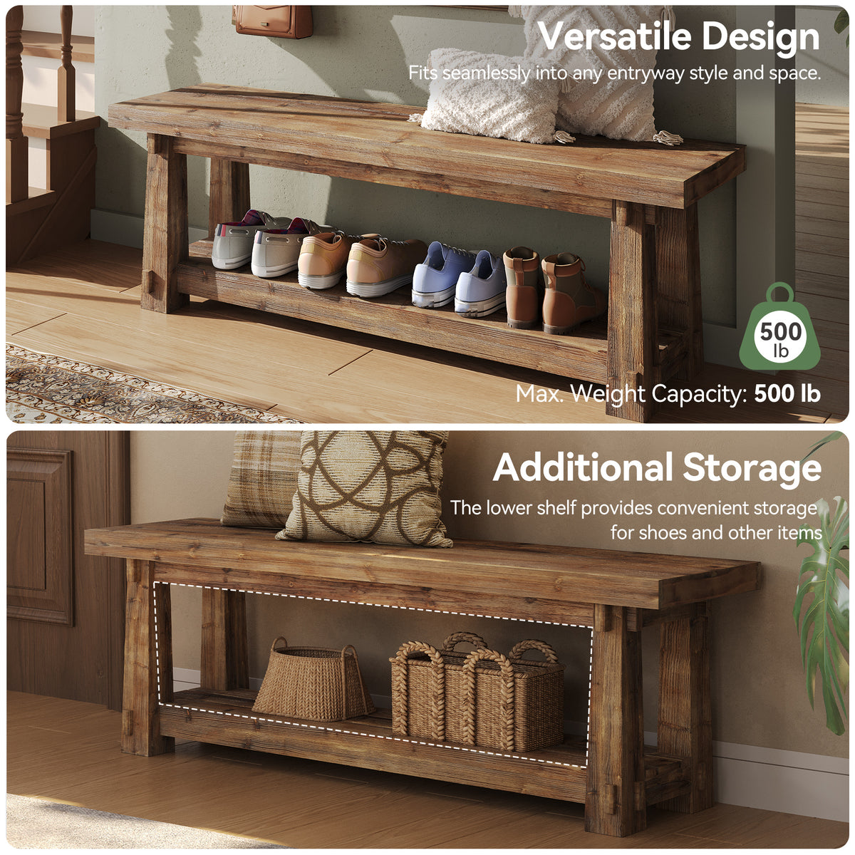 140cm Shoe Bench, Solid Wood Entryway Bench with Storage Rack