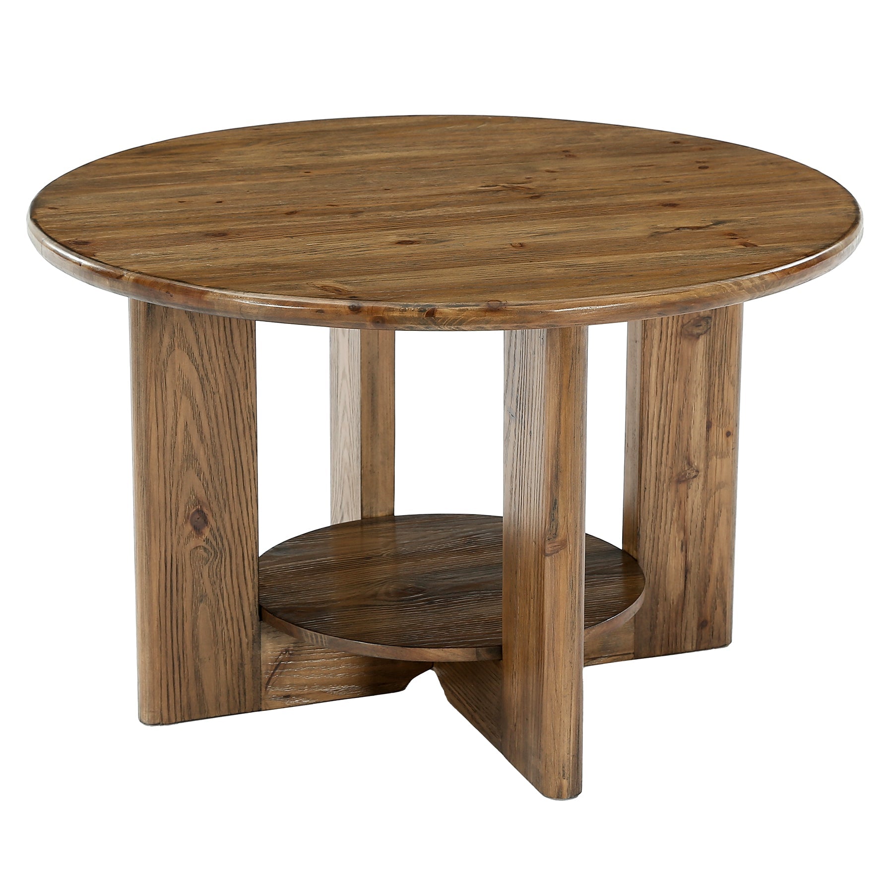 80cm Solid Wood Round Coffee Table, 2-Tier Accent Center Table with Storage