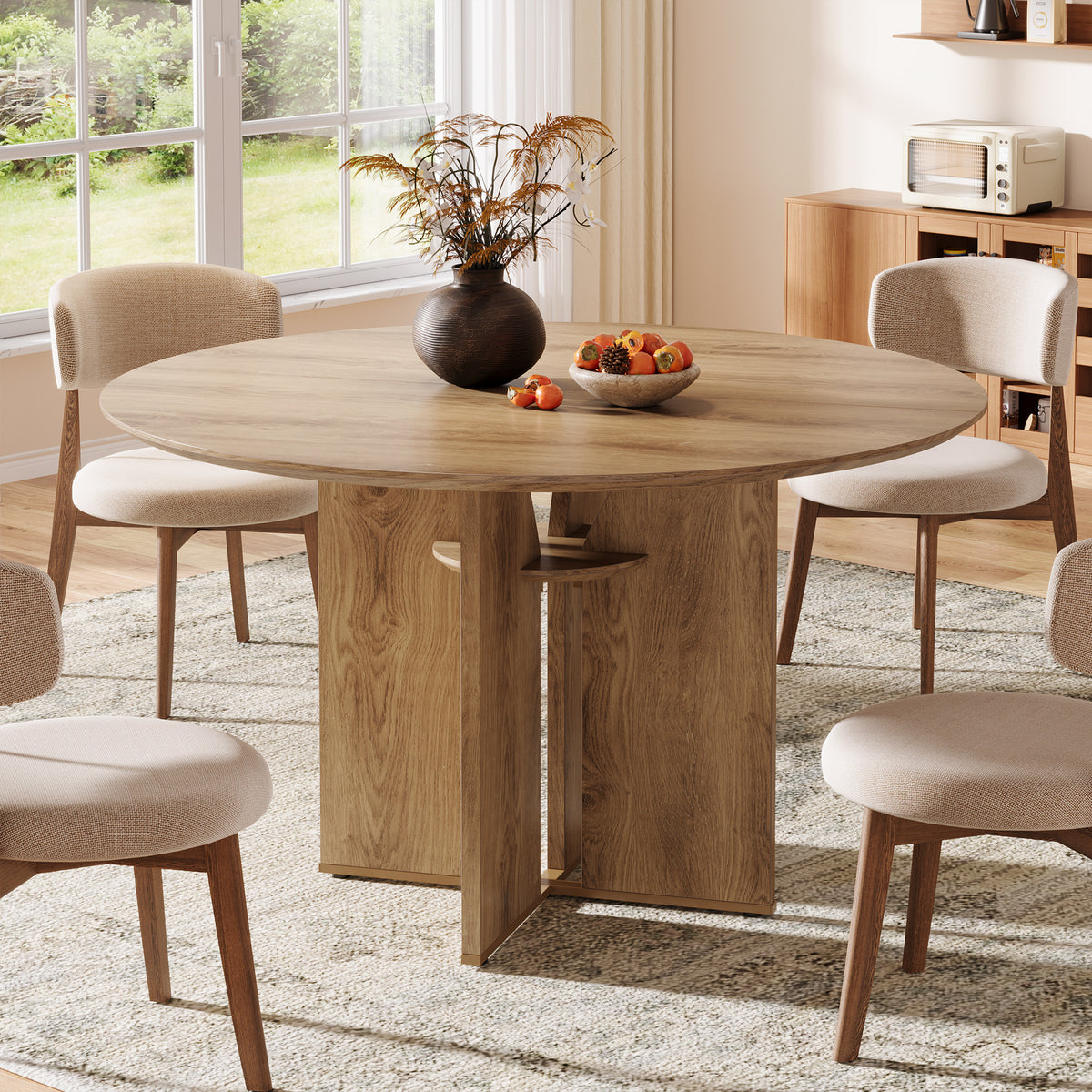 39.4" Round Dining Table, Farmhouse Kitchen Table with Storage Shelf and X-Shape Base