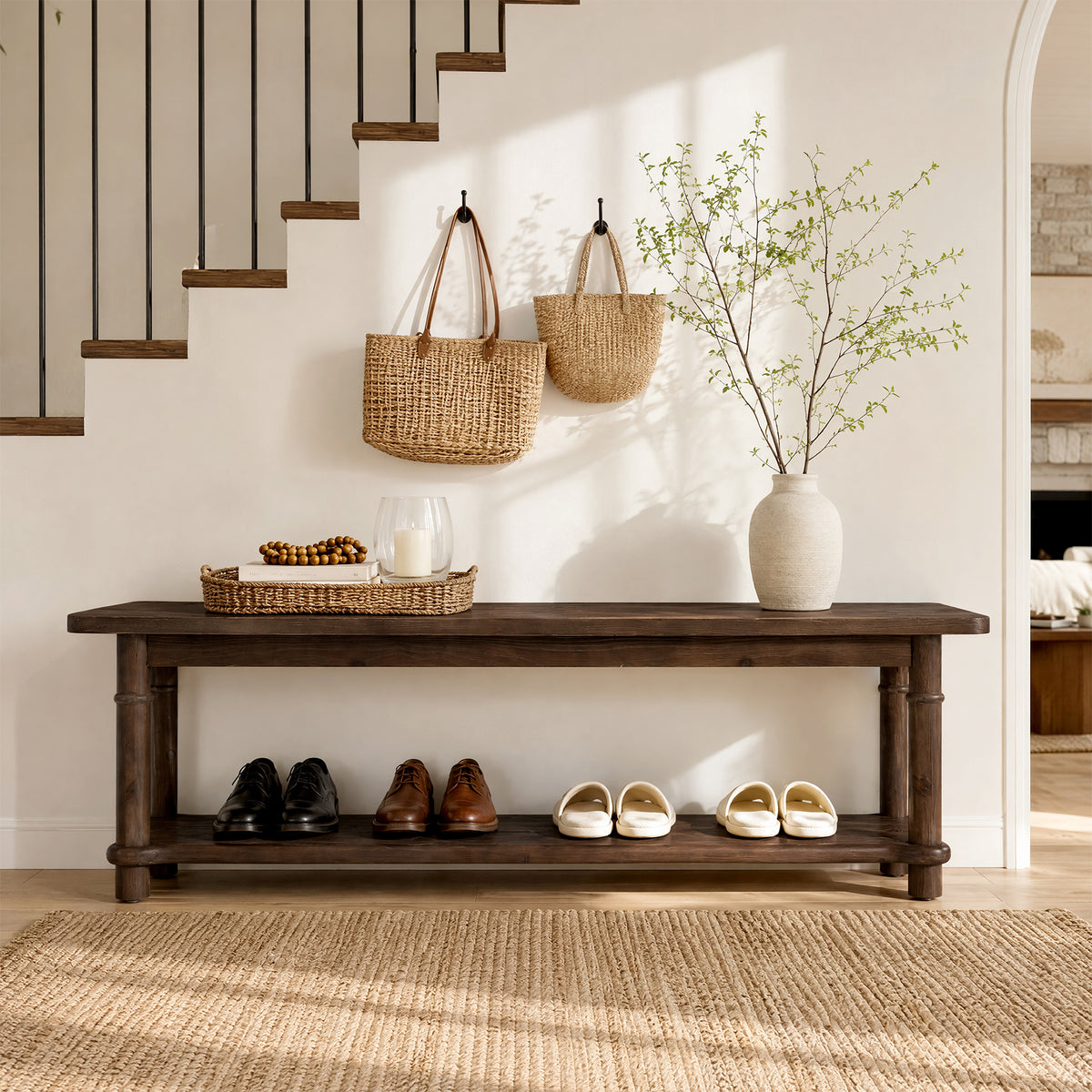 140cm Entryway Bench, Farmhouse 2-Tier Solid Wood Shoe Bench with Open Shelf