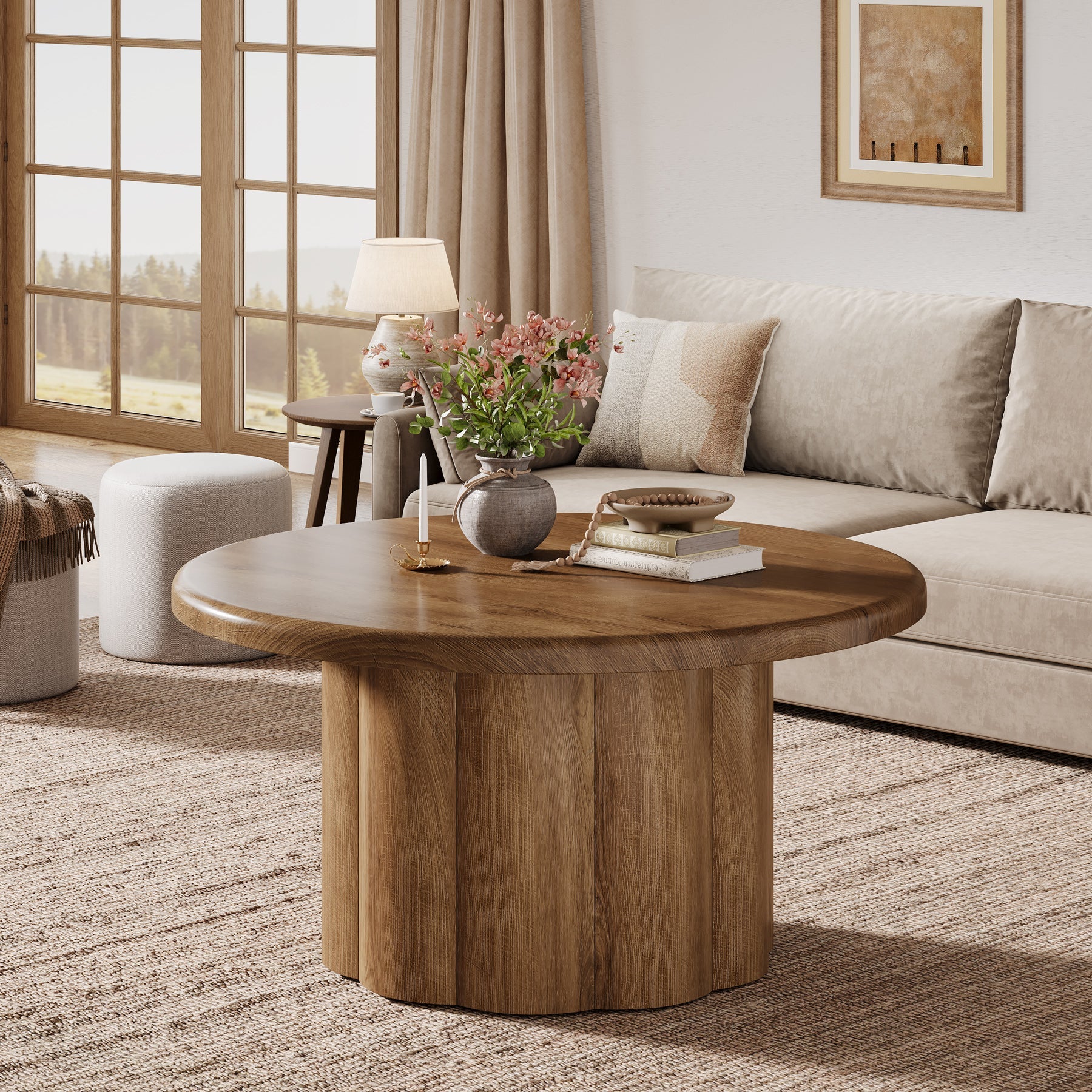 31.5" Rustic Fluted Drum Table, Round Farmhouse Center Table for Cozy Living