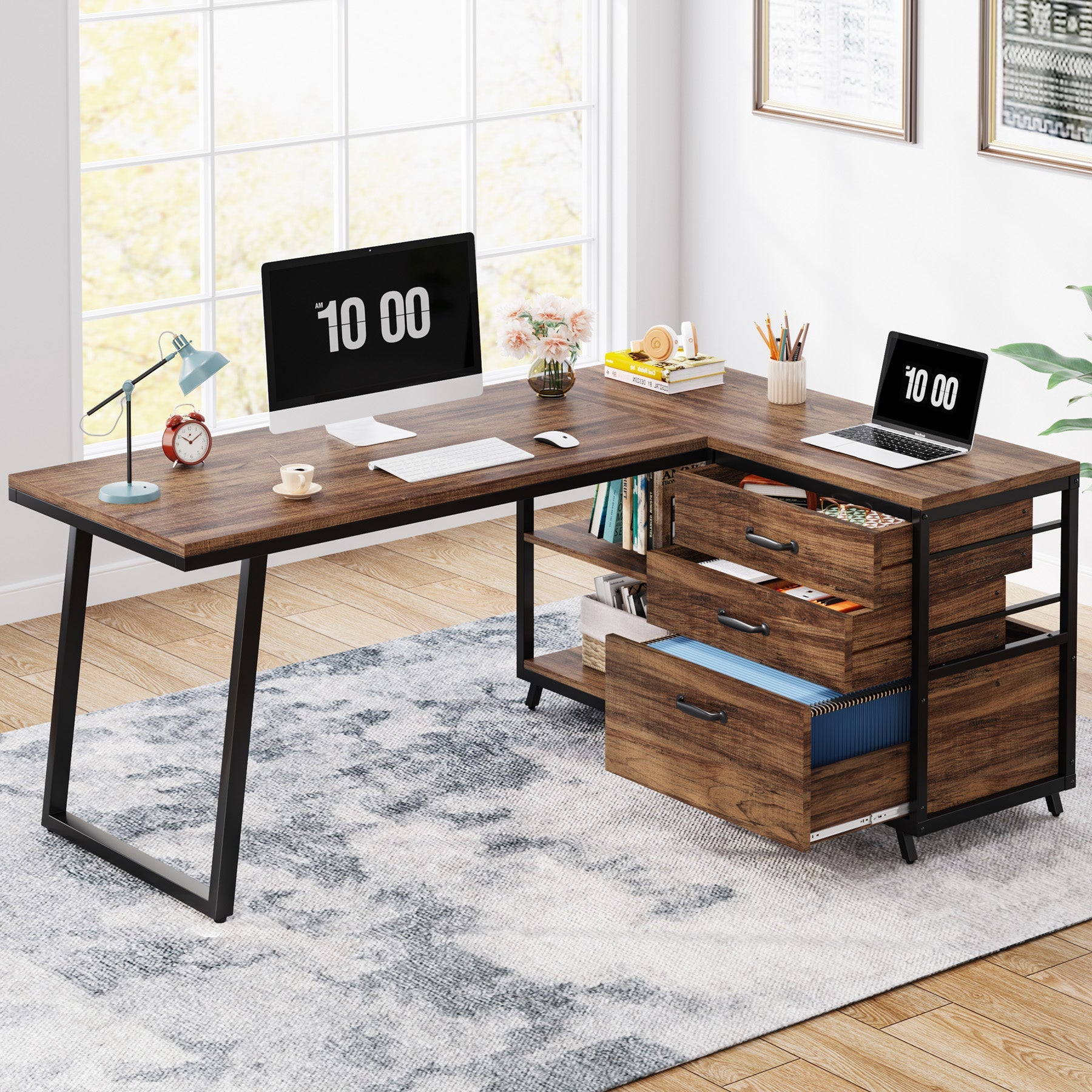 53" Reversible L-Shaped Computer Desk with 3 Drawers and Shelves