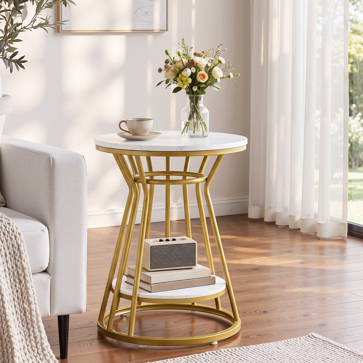 45cm Round End Table, 2-Tier Accent Side Table with Faux Marble Veneer & Metal Frame
