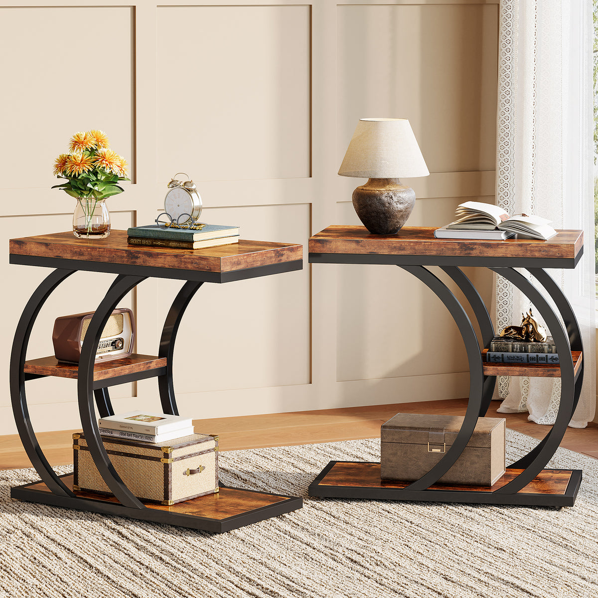 60cm End Table, 3-Tier Couch C-Shaped Side Table with Storage