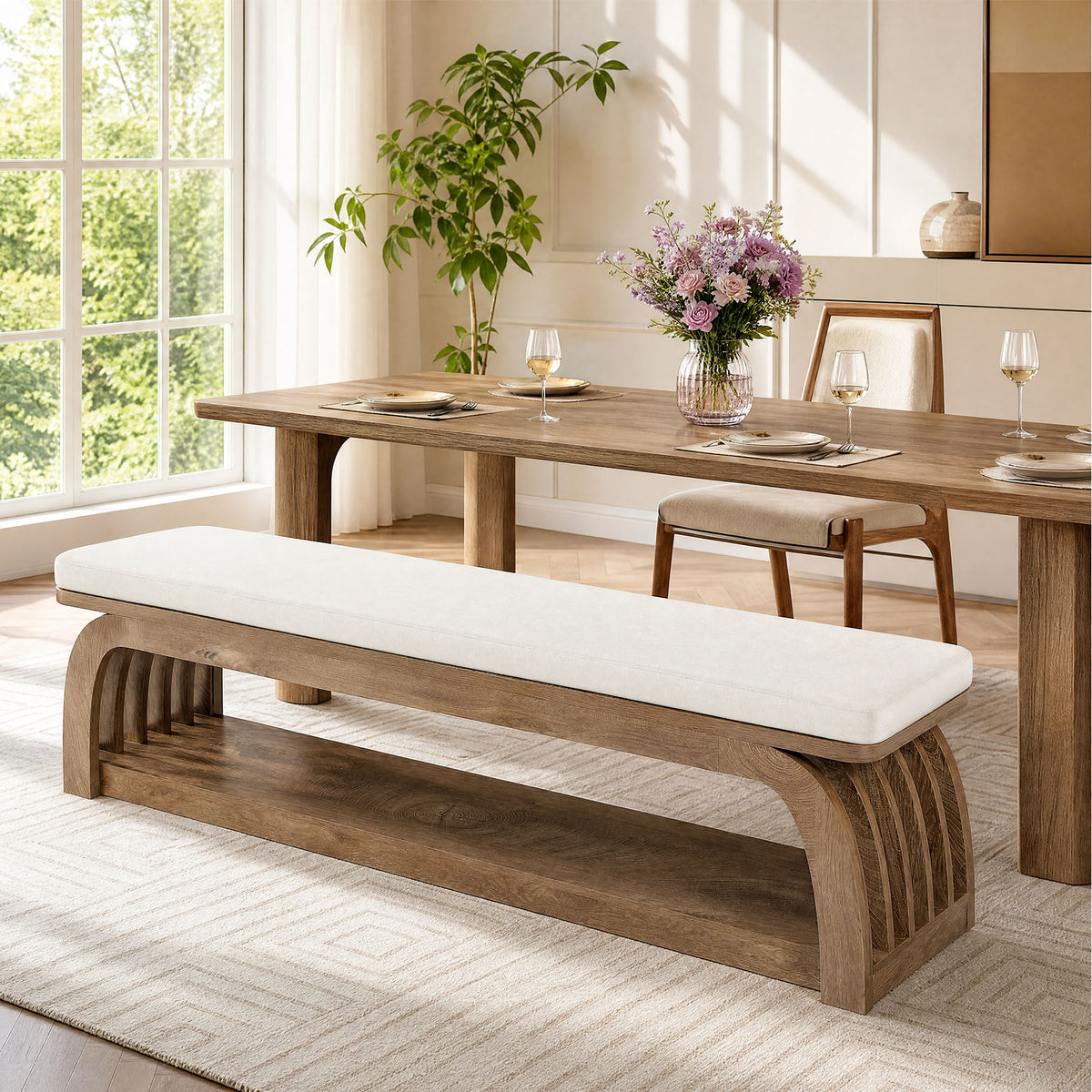 140cm Dining Bench, Upholstered 2-Tier Farmhouse Kitchen Bench with Hollow Legs