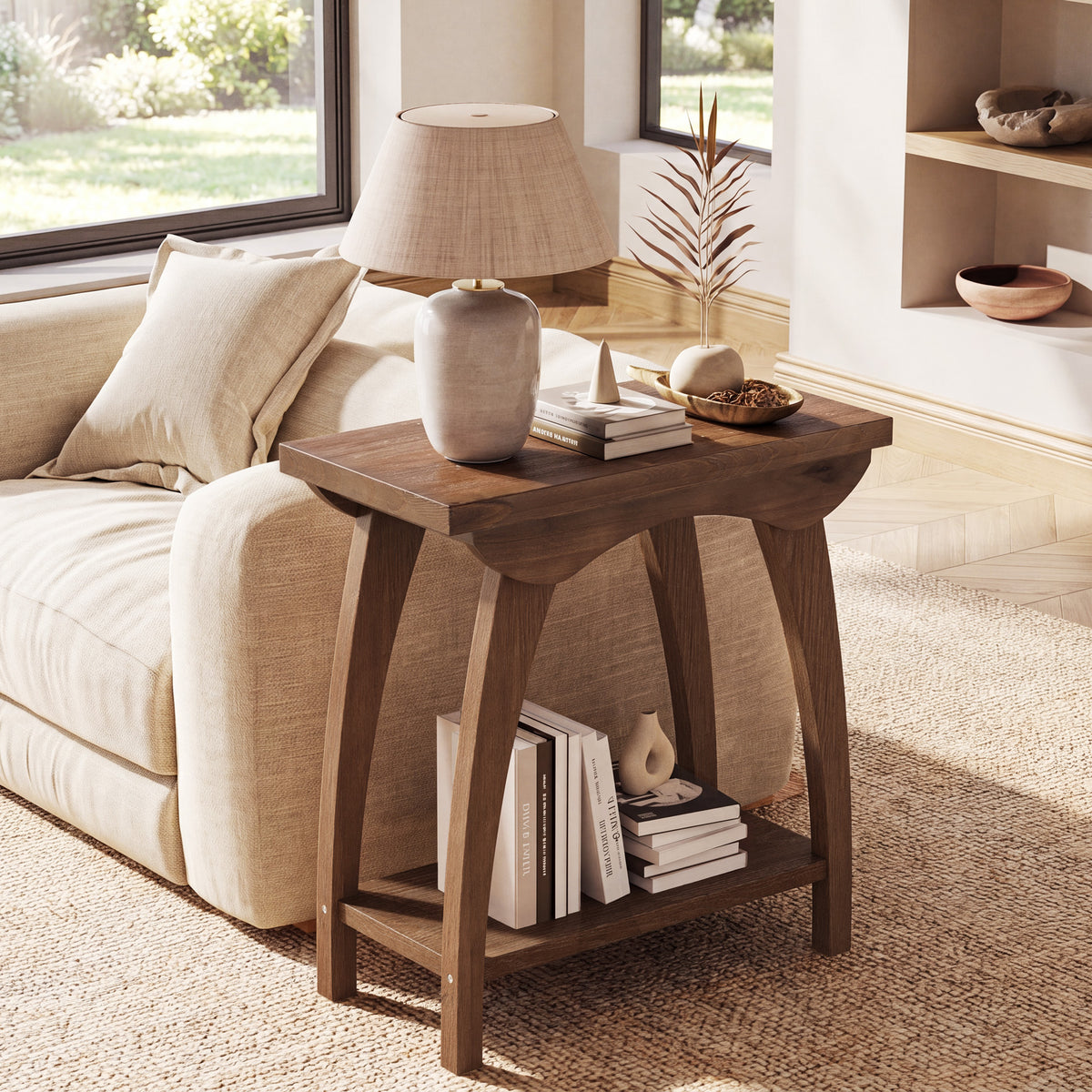 60cm End Table, Farmhouse Solid Wood Side Table with Lower Shelf for Living Room