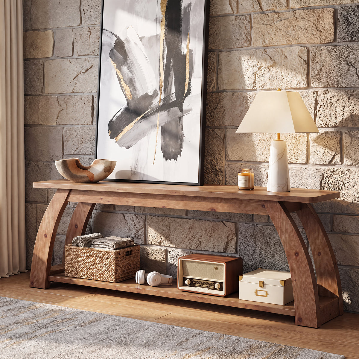 160cm TV Stand, 2-Tier Solid Wood Entertainment Centre with Open Storage for up to 75" TVs
