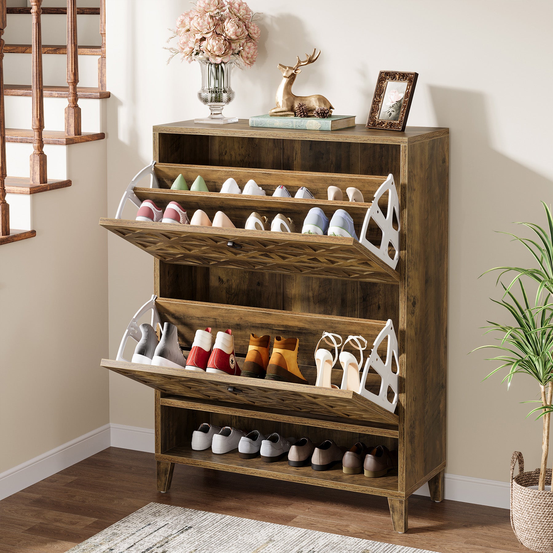 Wood Shoe Cabinet, Shoe Storage Organizer with 2 Flip Drawers