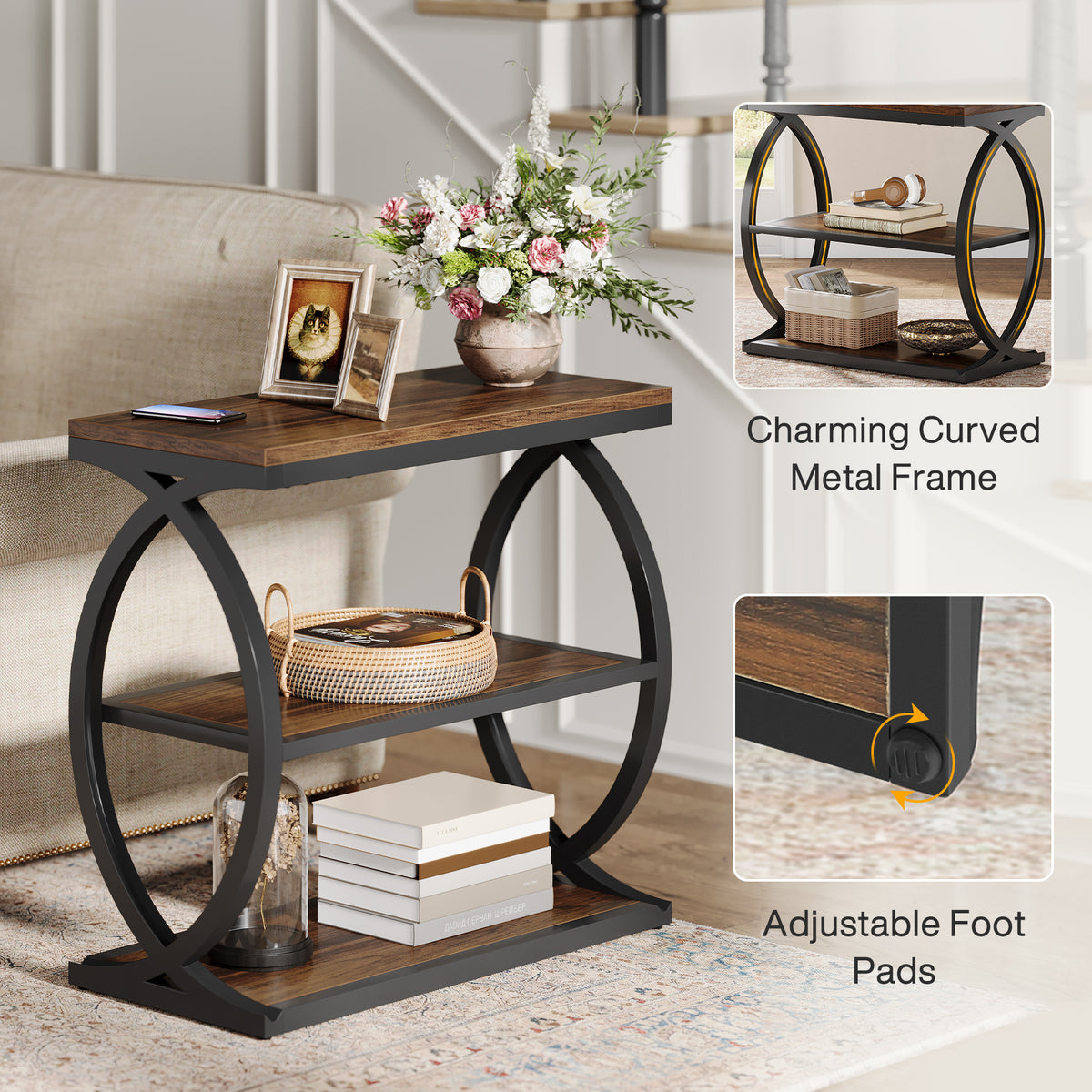 60cm Narrow Side Table, 3-Tier Industrial Wooden Nightstand for Small Spaces