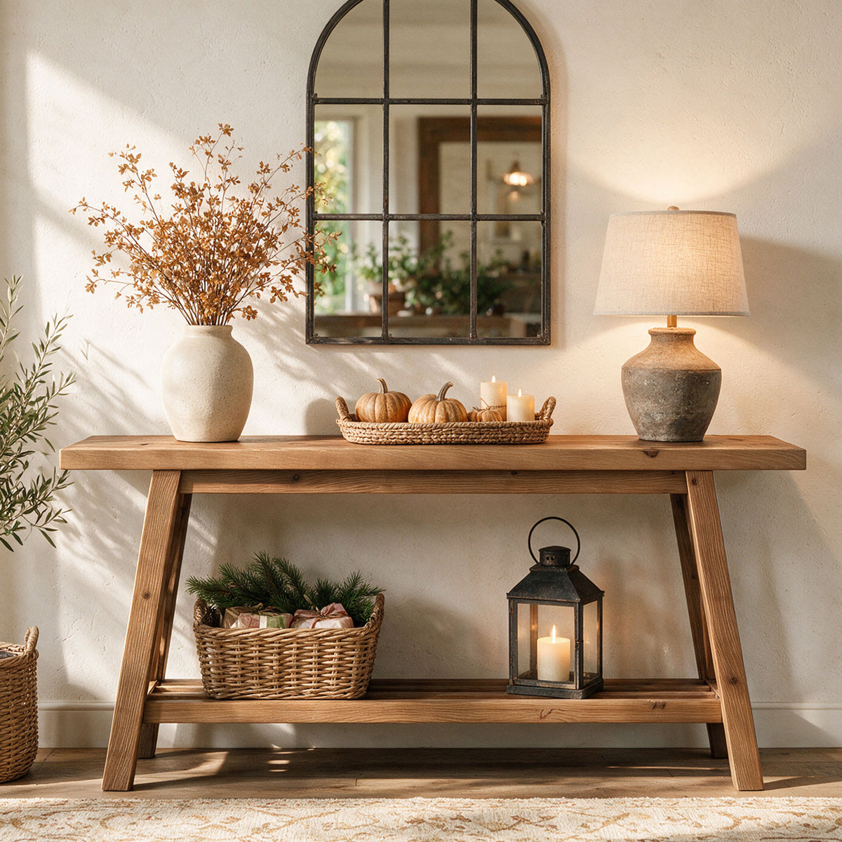 160cm Console Table, Solid Wood X-Brace 2-Tier Entryway Sofa Table with Storage