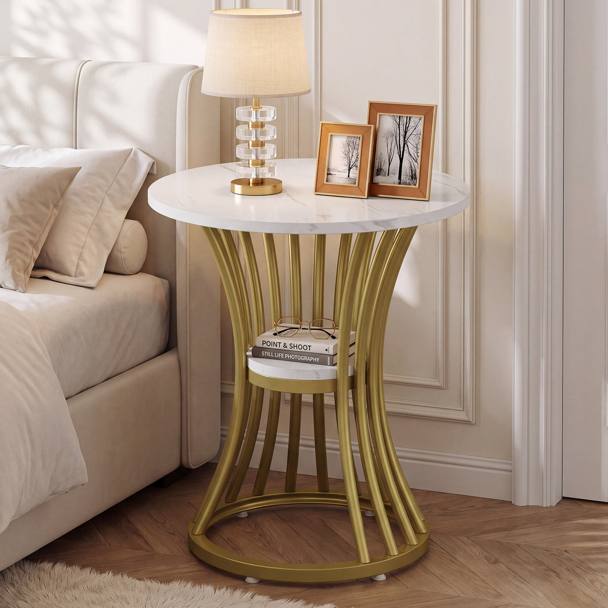 48cm Round Faux Marble End Table, 2-Tier Modern Side Table for Living Room Patio