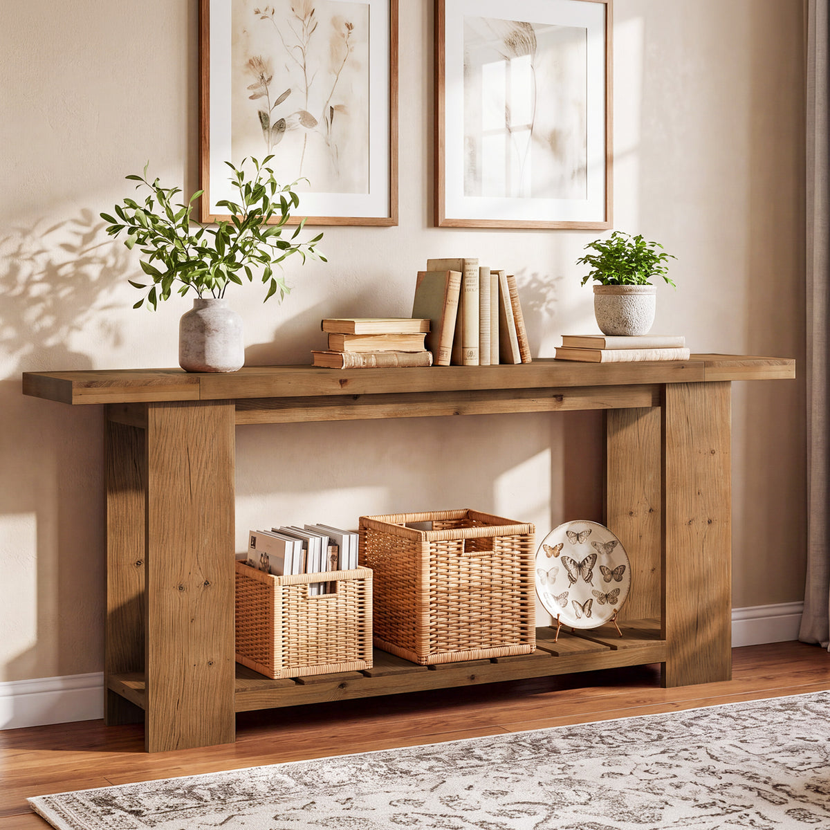 200cm Console Table, Solid Wood Farmhouse Sofa Entryway Table with 2-Tier Storage