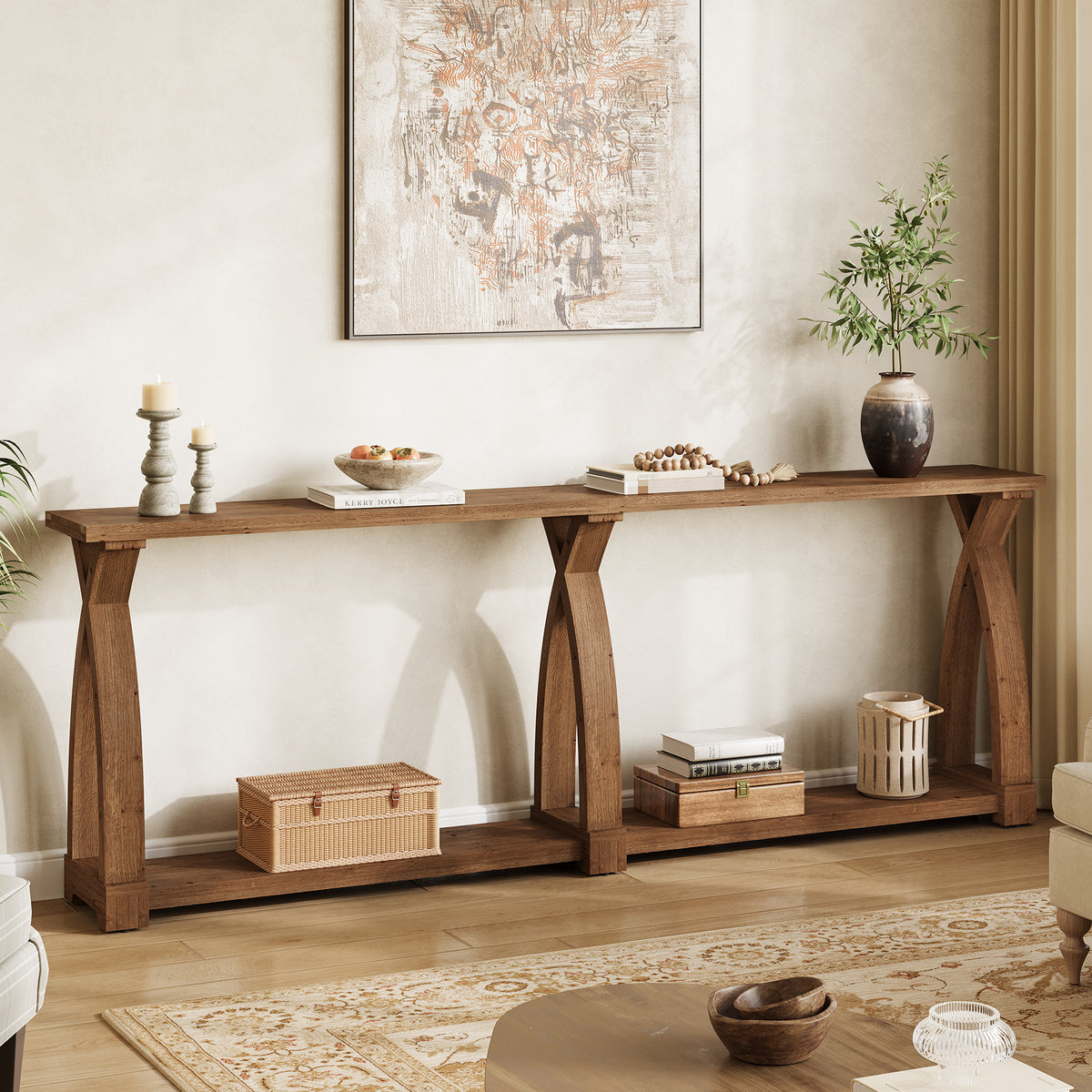 200cm Console Table, Solid Wood 2-Tier Narrow Hallway Table