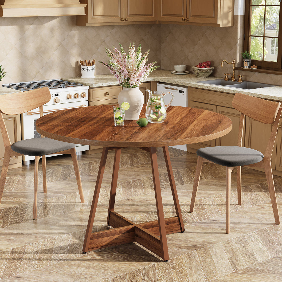 100cm Round Dining Table, Country Style Wooden Table for 2-4 People