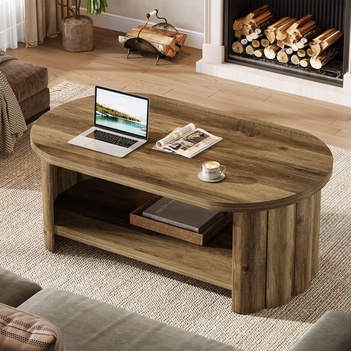 120cm Oval Coffee Table, Storage Shelf for Living Room