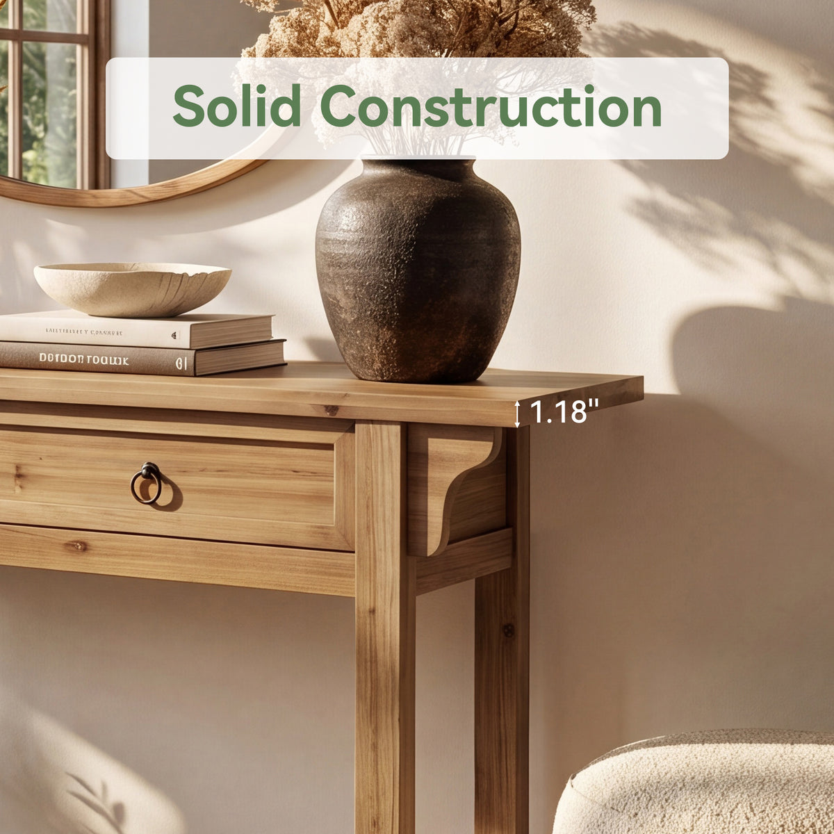 160cm Console Table, Solid Wood Narrow Hallway Table with 2 Drawers & Storage