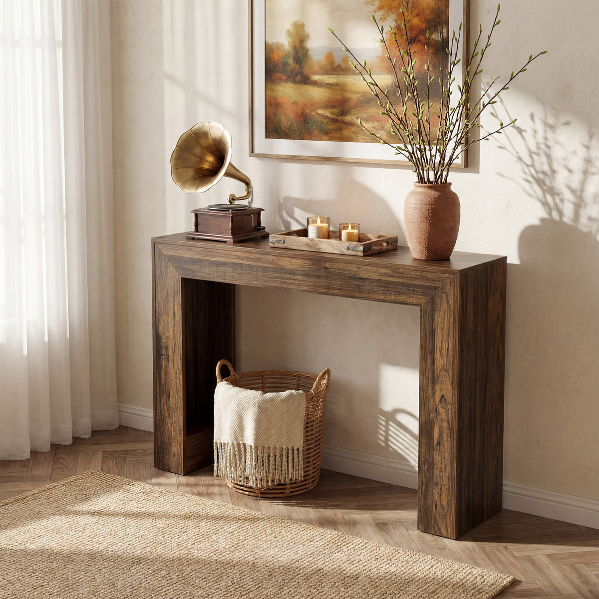 105cm Console Table, Wood-Look Entryway Table with Double Pedestal Base