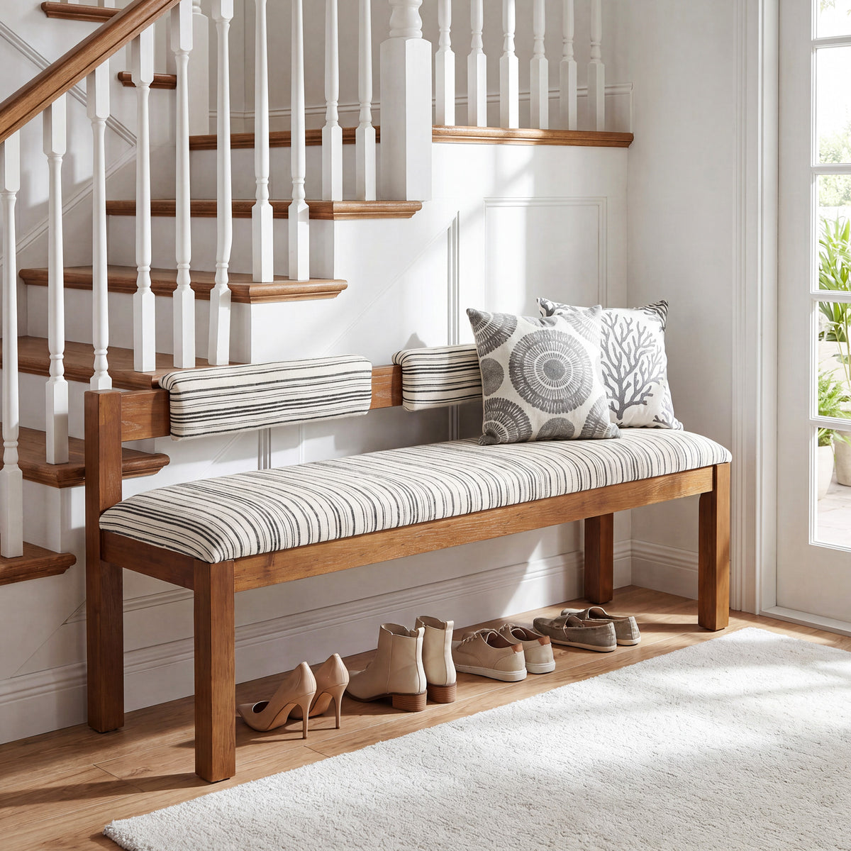 140cm Dining/shoe Bench, Upholstered Solid Wood with Chenille Seat & Backrest for 2-3 People