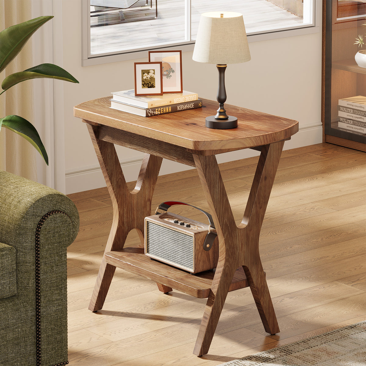 50cm Side Table, Solid Wood 2-Tier End Table Nightstand with Storage for Living Room