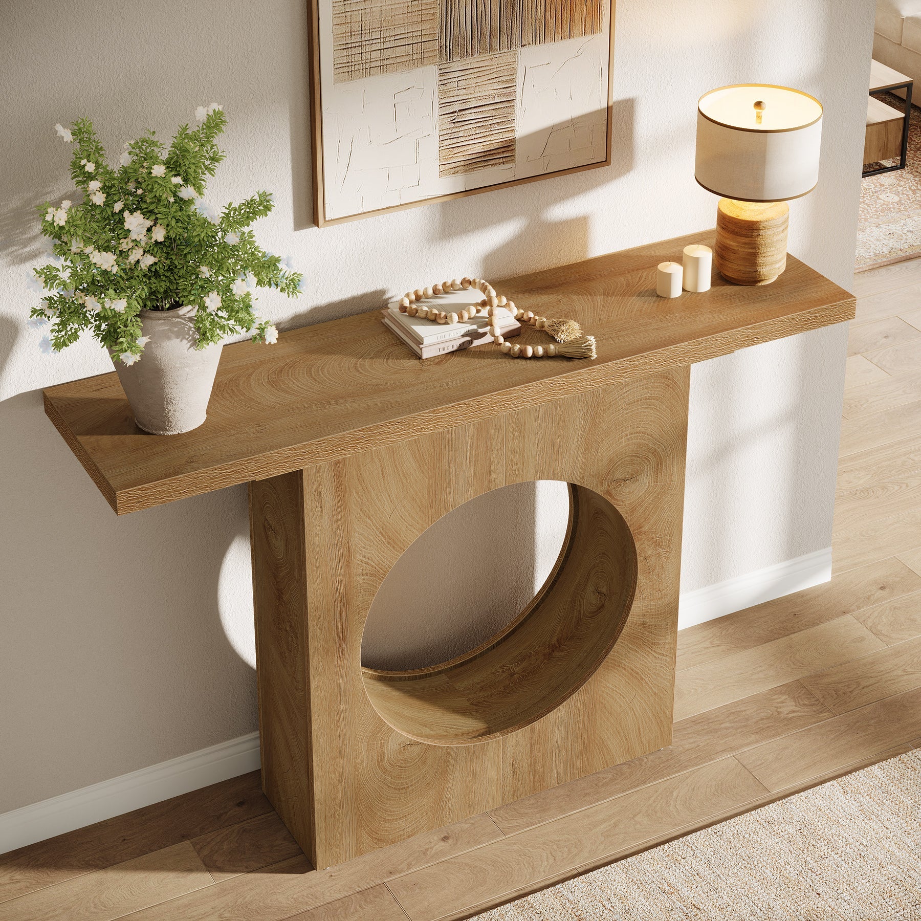 41.3" Narrow Farmhouse Console Table with Round Cutout Design, Slim Entryway Sofa Table