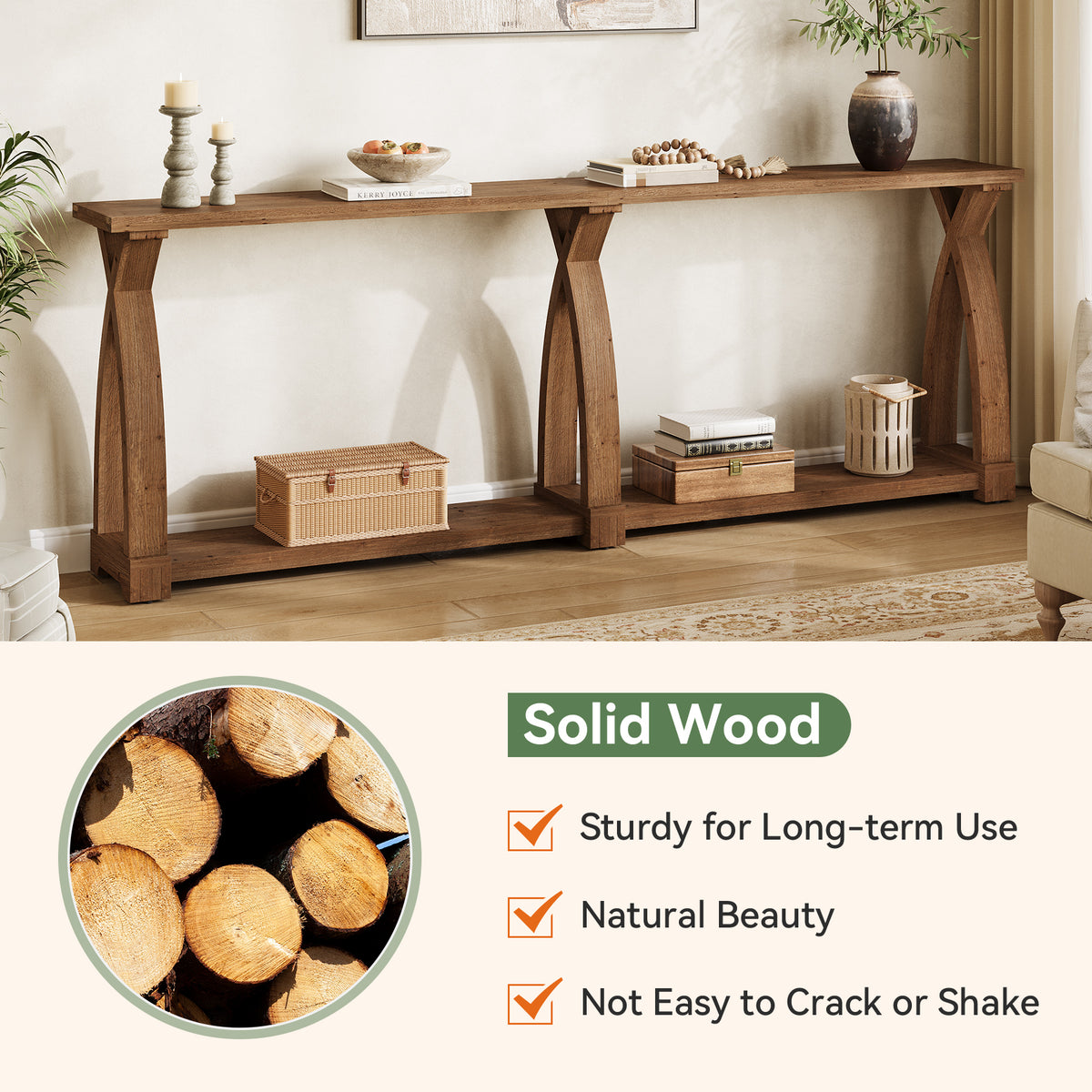 200cm Console Table, Solid Wood 2-Tier Narrow Hallway Table
