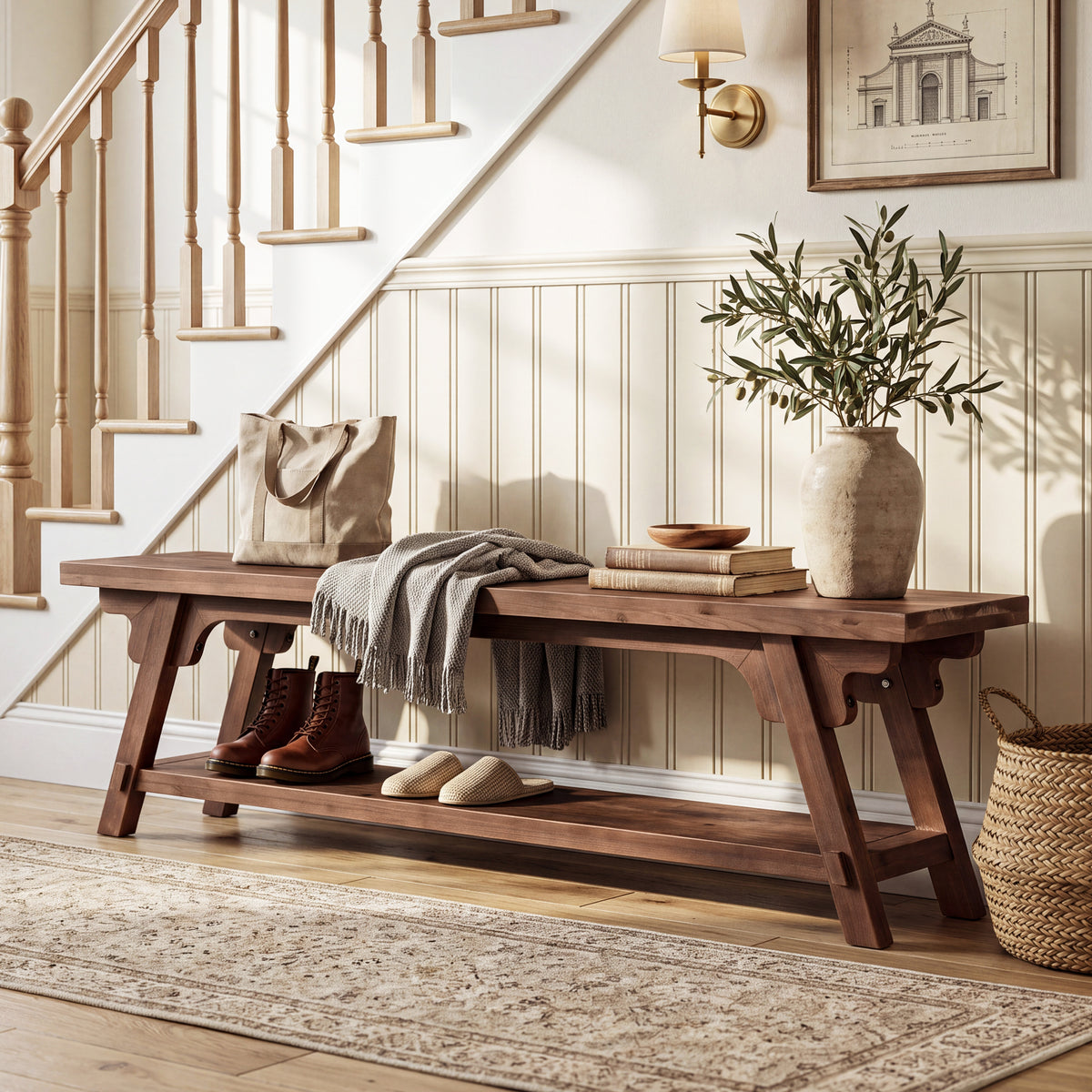 160cm Entryway Bench, Solid Wood 2-Tier End of Bed Bench