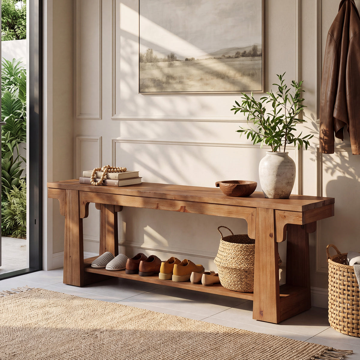 160cm Entryway Bench, Natural Solid Wood 2-Tier Open Shoe Storage for Hallway