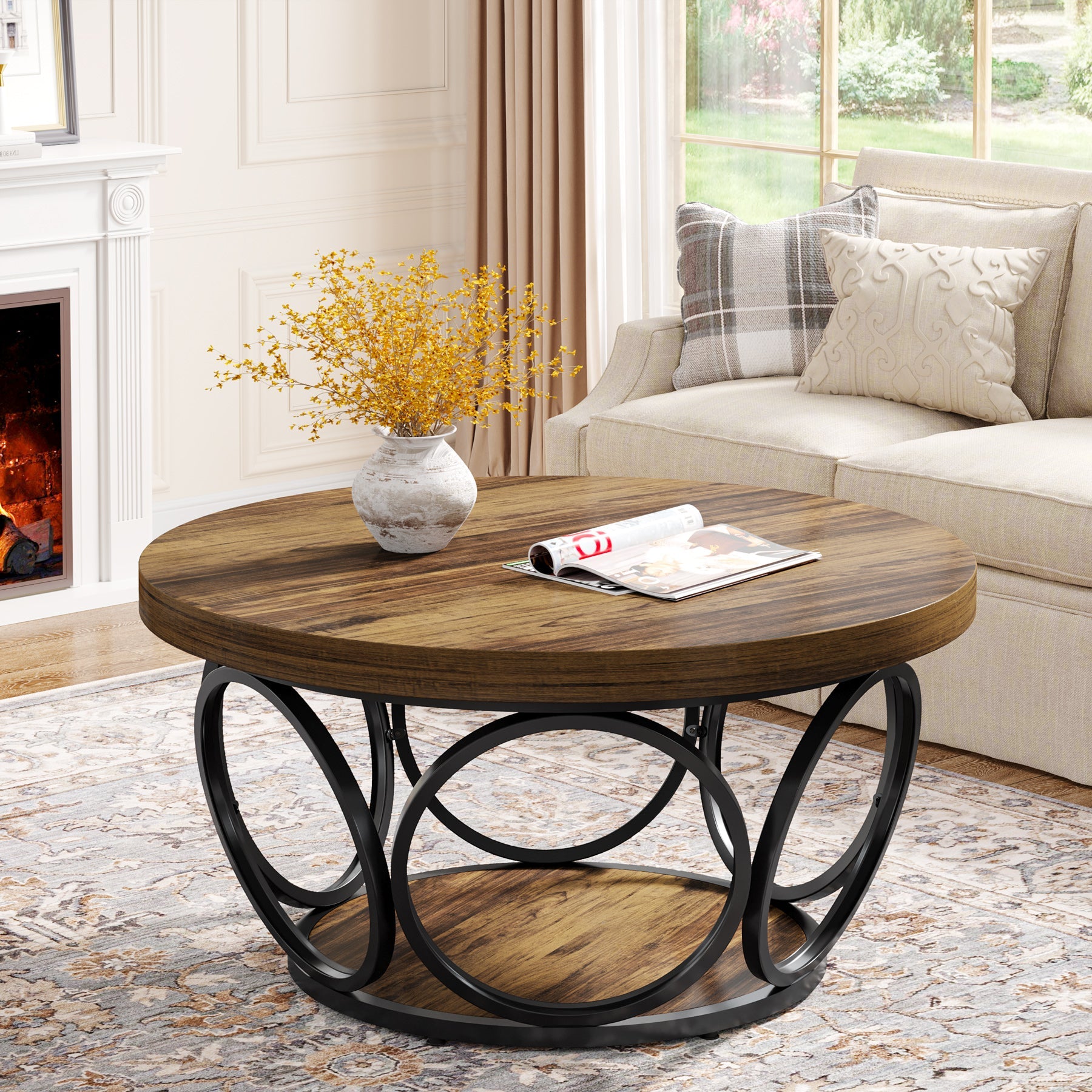 Farmhouse Coffee Table, Round Center Table with 2 Storage Shelves
