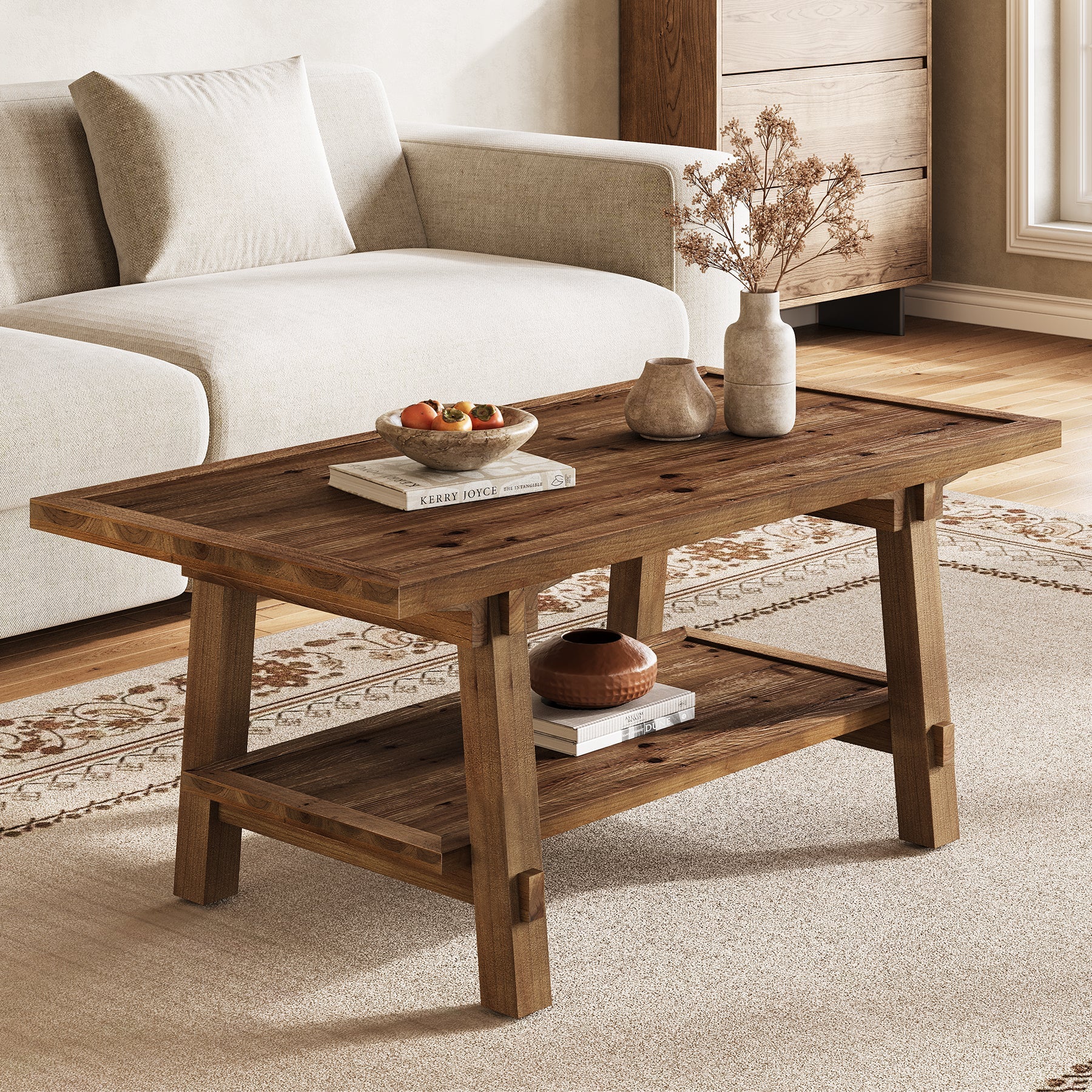 47" Solid Wood Coffee Table, Rectangle Center Table with 2-Tier Shelves