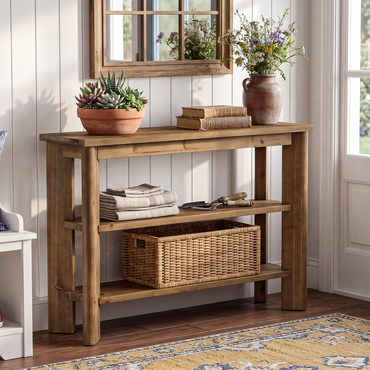 104cm Console Table, 3-Tier Solid Wood Entryway Sofa Table