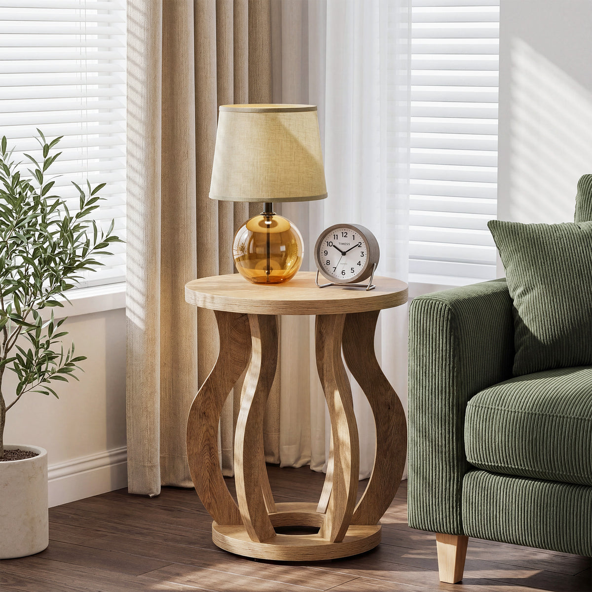 50cm Round Side Table, Curved Wooden Design for Small Spaces