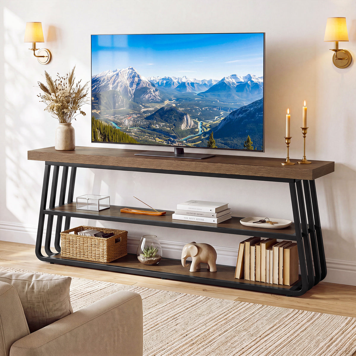 160cm TV Stand, 3-Tier Media Console with Metal Frame for Living Room