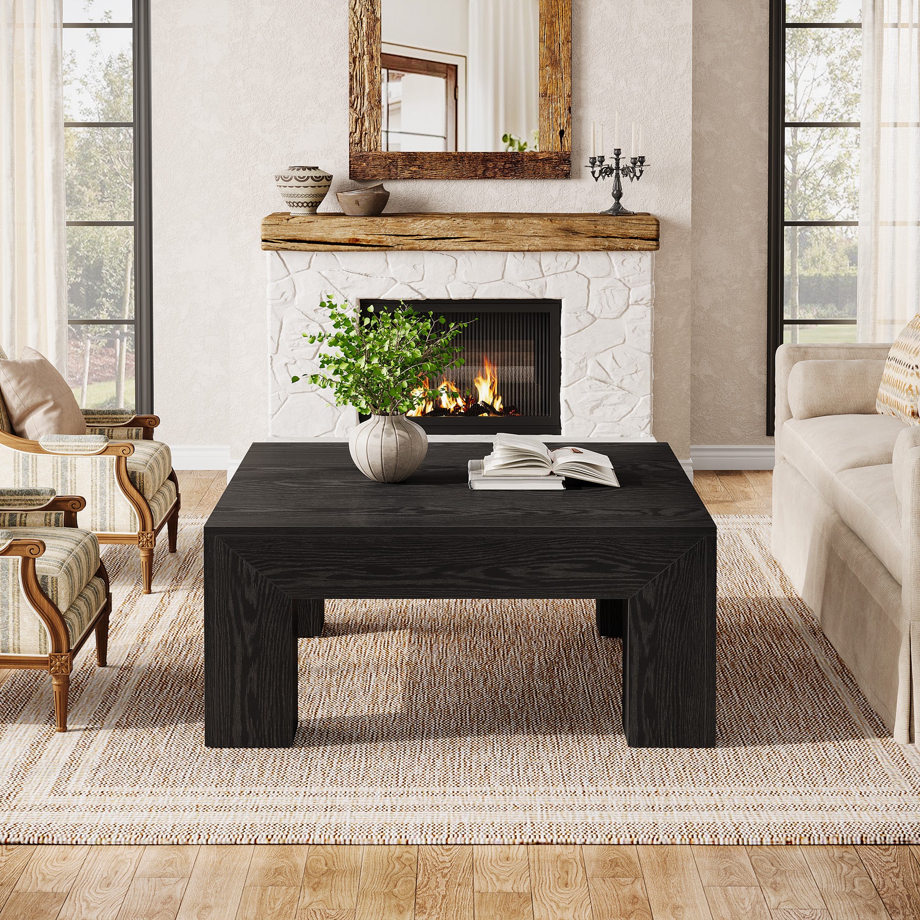 39" Square Farmhouse Coffee Table, Tea Table with Sturdy Wood Legs